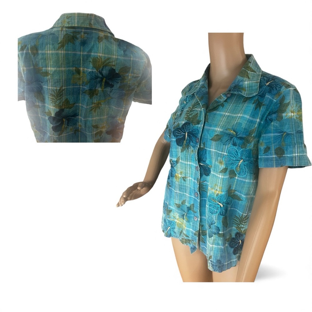 Lemon Grass Embroidered Floral Plaid Cotton Shirt S Made in India Boho Top